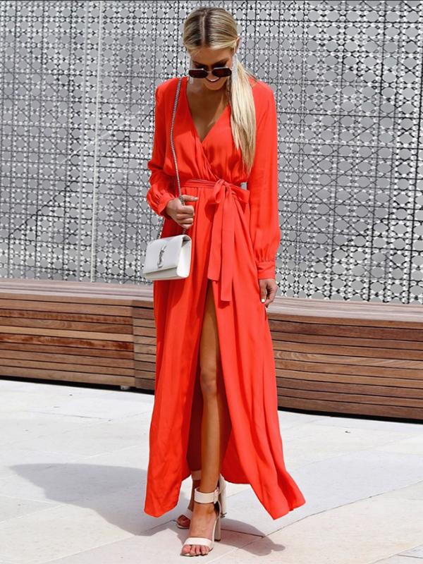 JuliaFashion-Get Lost Surplice Neck High Slit Maxi Dress