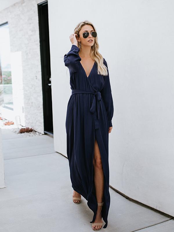 JuliaFashion-Get Lost Surplice Neck High Slit Maxi Dress