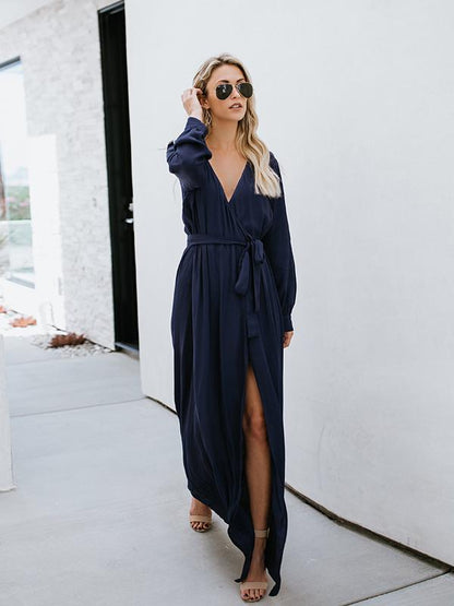 JuliaFashion-Get Lost Surplice Neck High Slit Maxi Dress