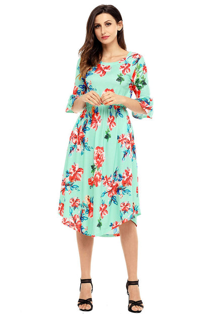 JuliaFashion-Find Me Floral Print Bell Sleeve Midi Dress