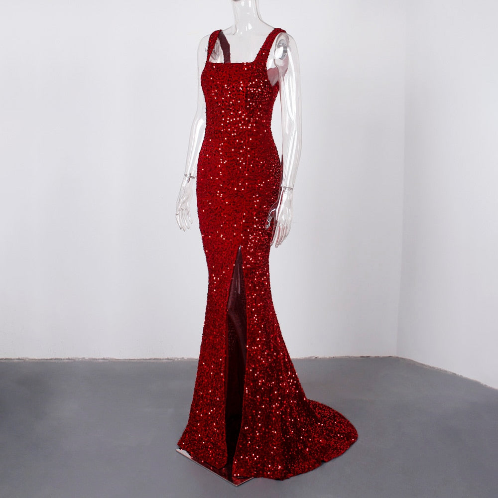 JuliaFashion - 2024 Sparkle Red Slit Leg Mermaid Long Cocktail Dress