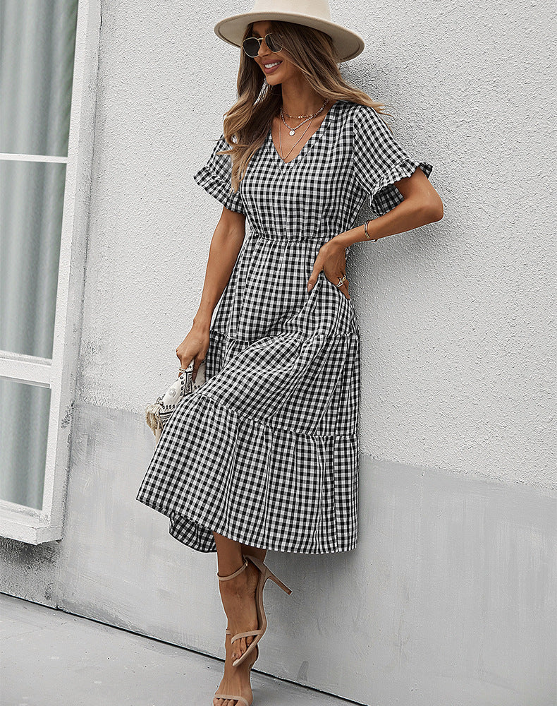 JuliaFashion - 2024 Vintage Plaid Slim Ruffles High Waist Midi Sundress