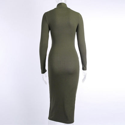 JuliaFashion - 2024 Sexy Side Slit Slim Knit Bodycon Mid-Calf Dresses