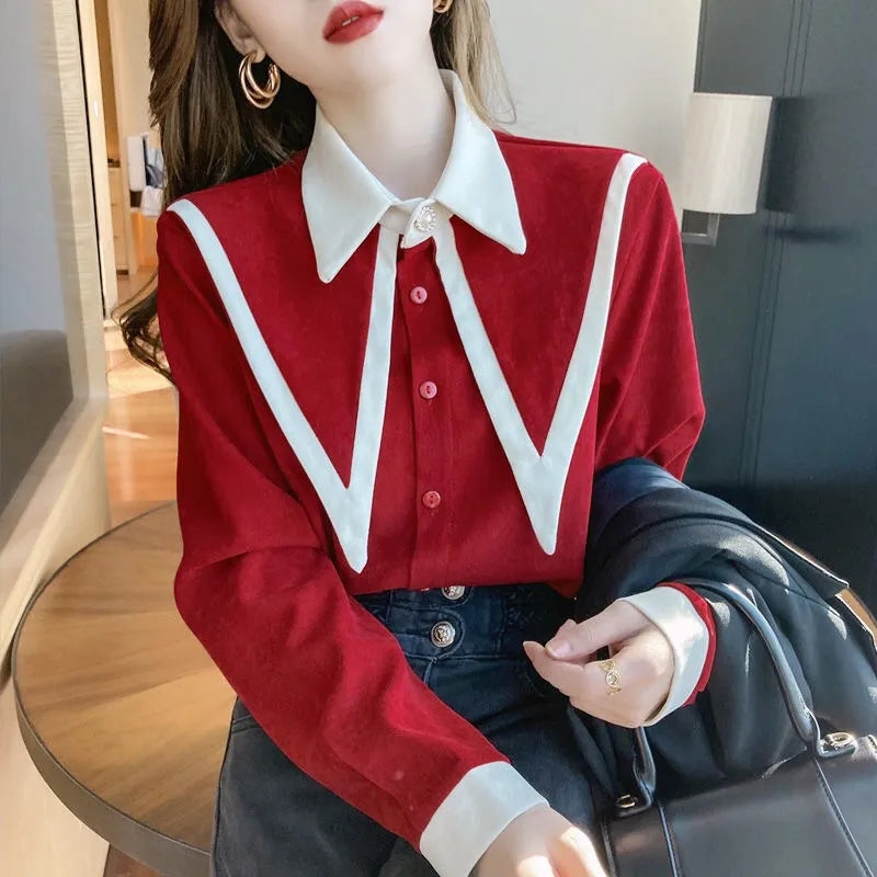 JuliaFashion - 2024 Sharp Ruffle Turn Down Collar Blouse Women Tops Korean Fashion Clothing