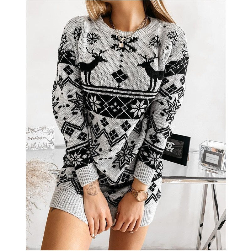 JuliaFashion-Christmas Theme Ladies New Sweater Elk Snowflake Christmas Jacquard Knitted Dress