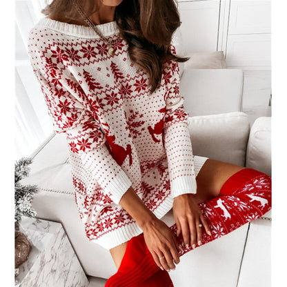 JuliaFashion-2024 Women Christmas Sweater Dress Autumn Winter Long Sleeve Off Shoulder Pullover