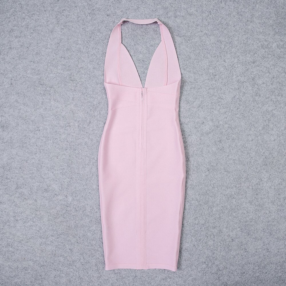 JuliaFashion - 2024 V-Neck Halter Bodycon Party Sexy Sheath Knee Length Dress