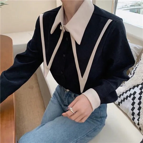 JuliaFashion - 2024 Sharp Ruffle Turn Down Collar Blouse Women Tops Korean Fashion Clothing