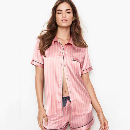 JuliaFashion-Pink Strip Slik Short Sleeves Two Pieces Pajamas Set