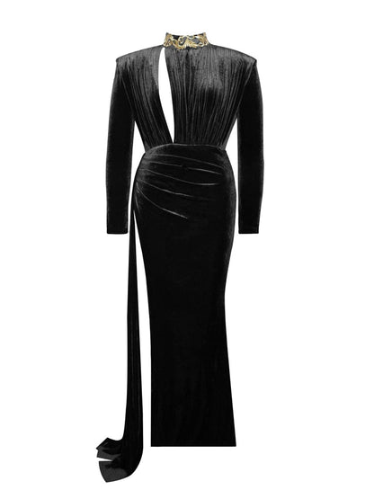 JuliaFashion - 2024 Slit Sexy Beauty Pageant Gowns Velvet Formal Dress