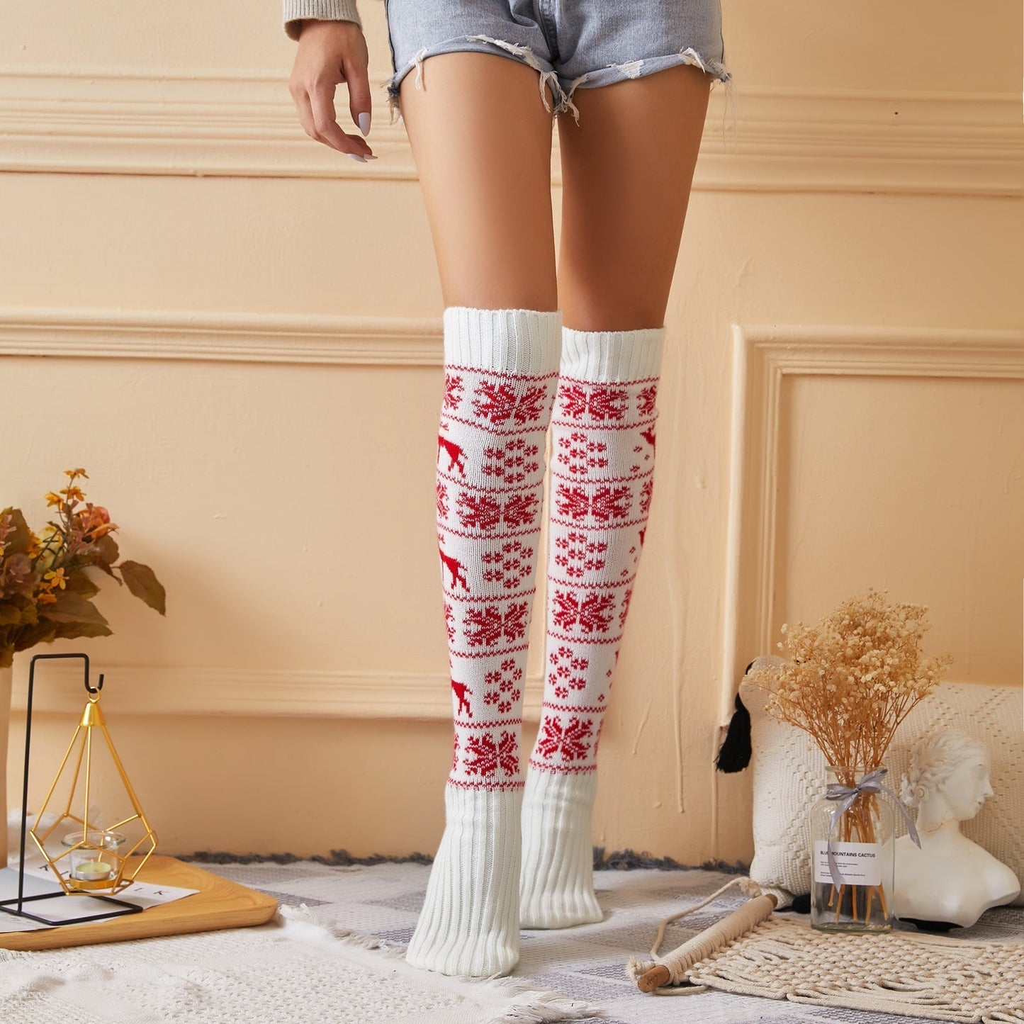 JuliaFashion-Christmas Women Knitted Warm Thigh High Over the Knee Printing Socks