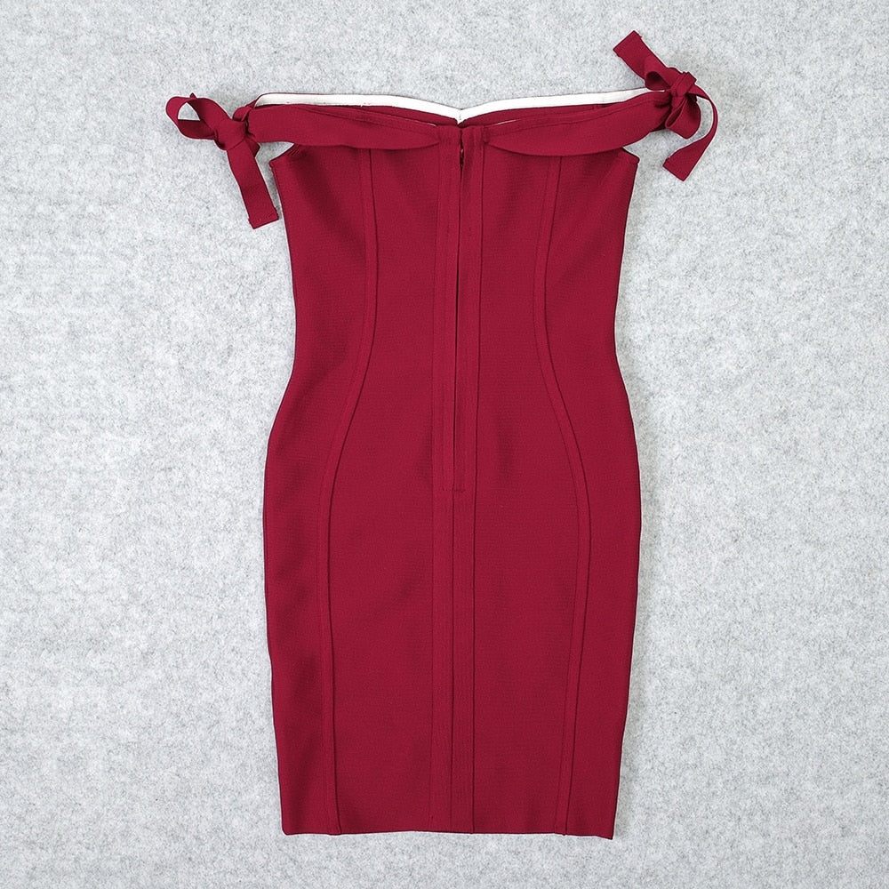 JuliaFashion - 2024 Sexy Wine Red Off Shoulder HL Bandage Dress