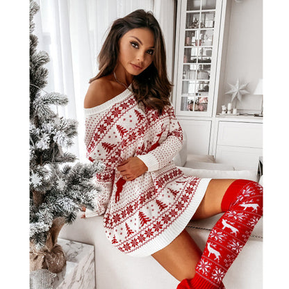 JuliaFashion-2024 Women Christmas Sweater Dress Autumn Winter Long Sleeve Off Shoulder Pullover