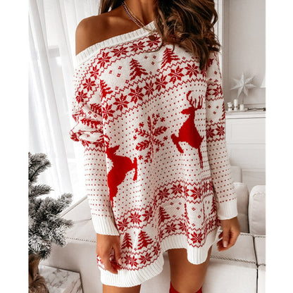 JuliaFashion-2024 Women Christmas Sweater Dress Autumn Winter Long Sleeve Off Shoulder Pullover