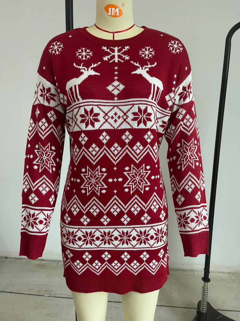 JuliaFashion-Christmas Theme Ladies New Sweater Elk Snowflake Christmas Jacquard Knitted Dress