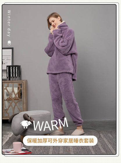 JuliaFashion-Fleece Winter Thick Pajamas Set 2 Pcs With Pant