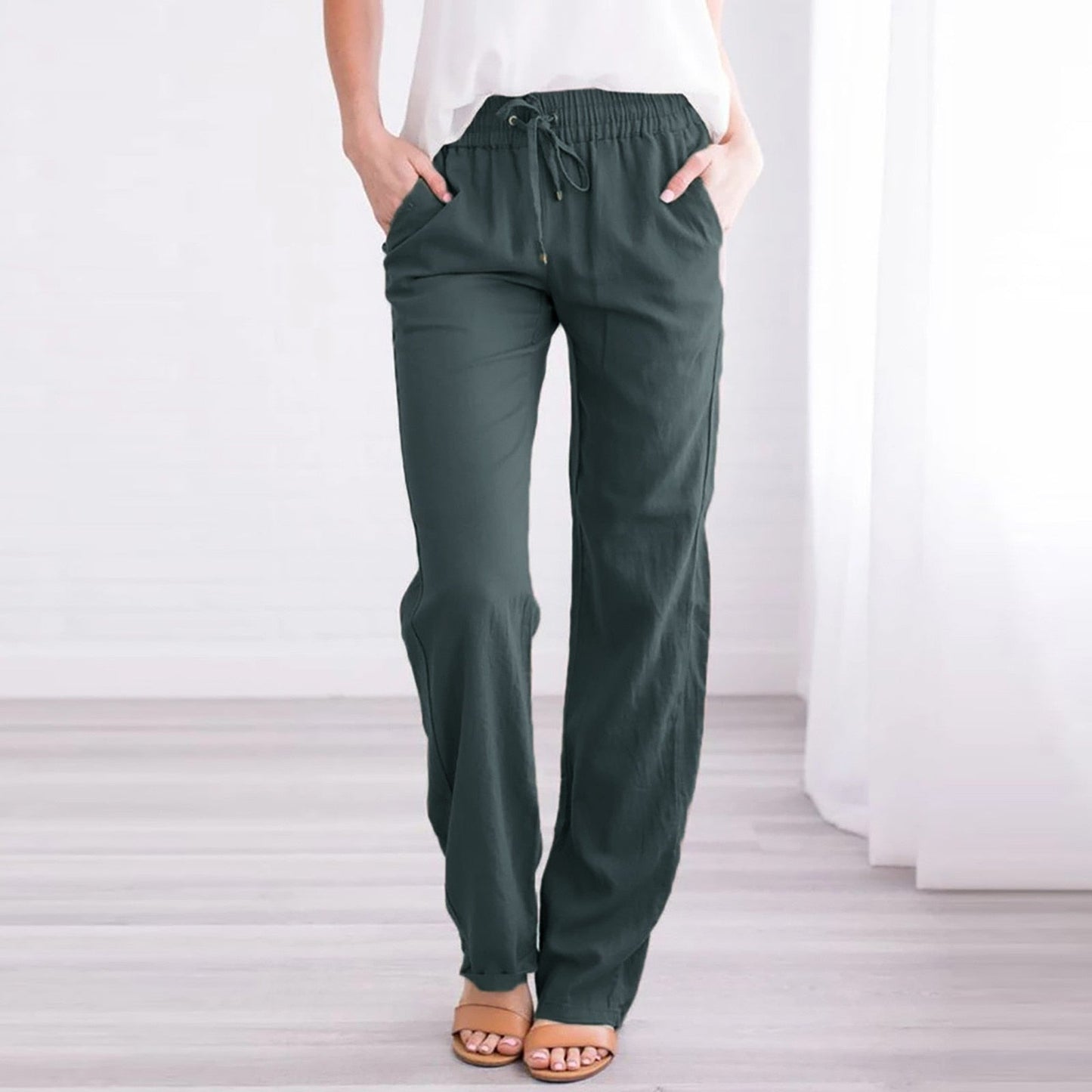 JuliaFashion-Loose Wide-Leg Pocket Ankle-length Length Trousers