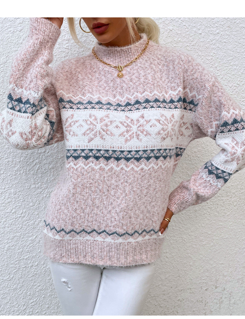 JuliaFashion-Christmas Turtleneck Snowflake Knit Loose Women Sweater Warm Pullover