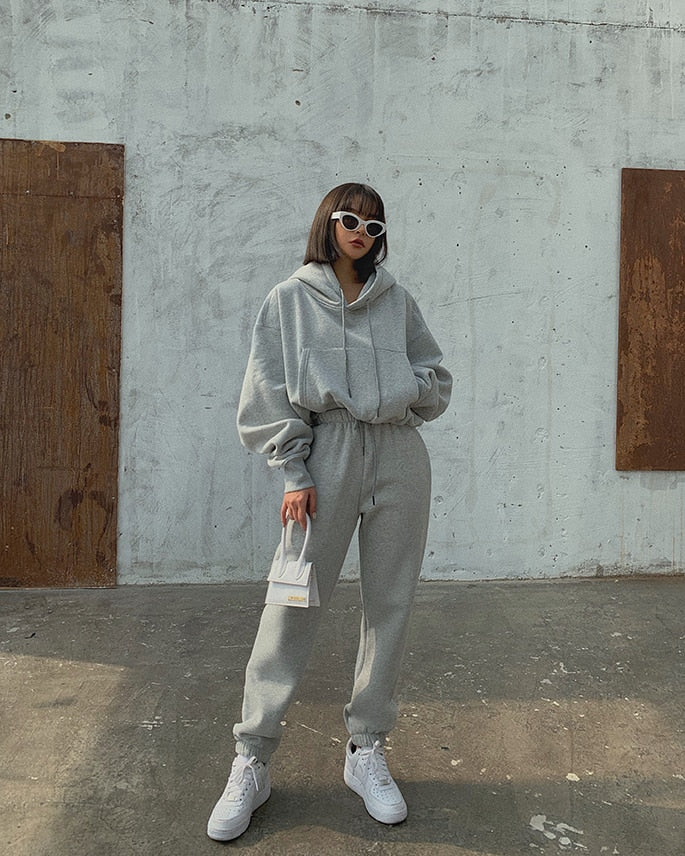 JuliaFashion - 2024Solid Casual Tracksuit Fleece 2 Pieces Set