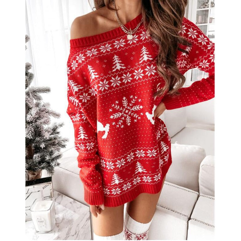 JuliaFashion-2024 Women Christmas Sweater Dress Autumn Winter Long Sleeve Off Shoulder Pullover