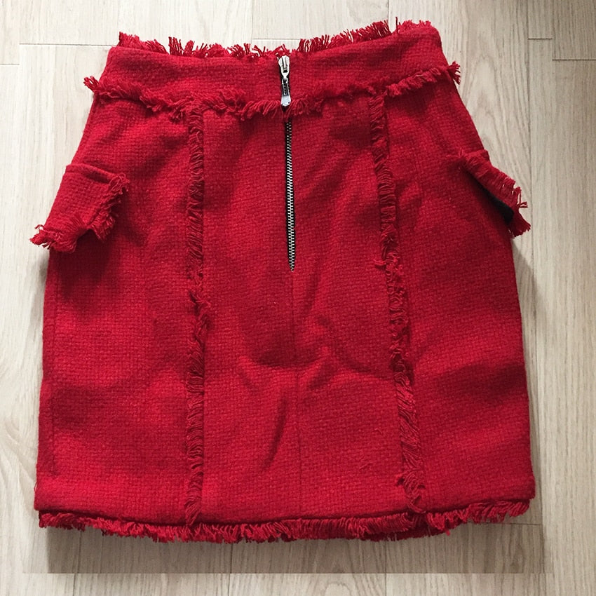 JuliaFashion - 2024 Tassel Fringe Wool Mini Skirt