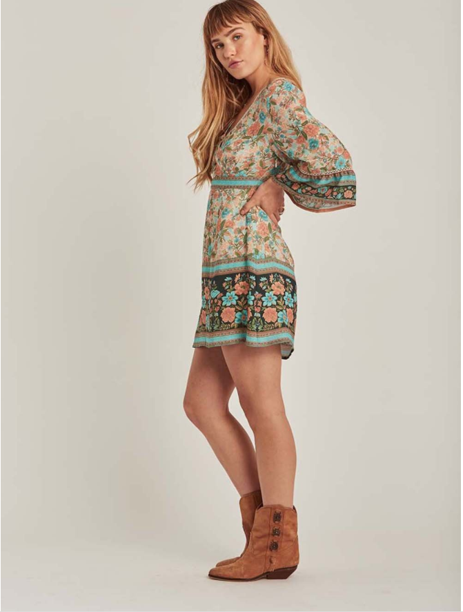 JuliaFashion-Mint Gypsy Long Flare Sleeve Mini Dress