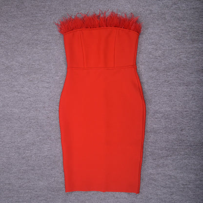 JuliaFashion - 2024 Sexy Bodycon Red High Feathers Club Dresses