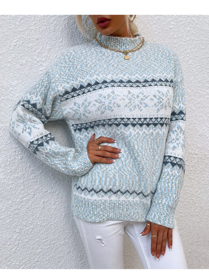 JuliaFashion-Christmas Turtleneck Snowflake Knit Loose Women Sweater Warm Pullover