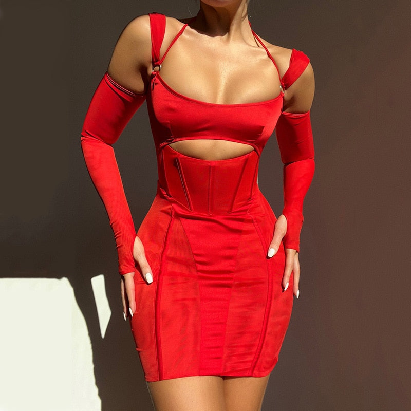 JuliaFashion - Sexy Backless Mesh Sheer Halter Corset Cutout Dress