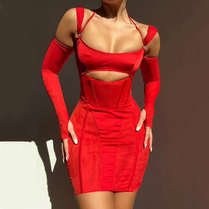 JuliaFashion - Sexy Backless Mesh Sheer Halter Corset Cutout Dress