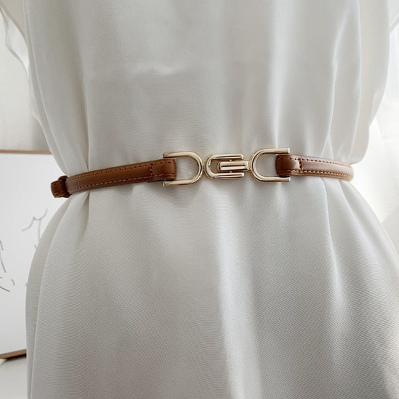 JuliaFashion-Personality Metal Buckle Waist Strap Designer Leather Thin Belt