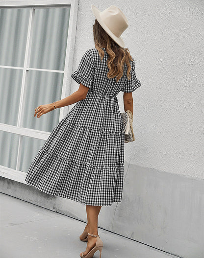 JuliaFashion - 2024 Vintage Plaid Slim Ruffles High Waist Midi Sundress