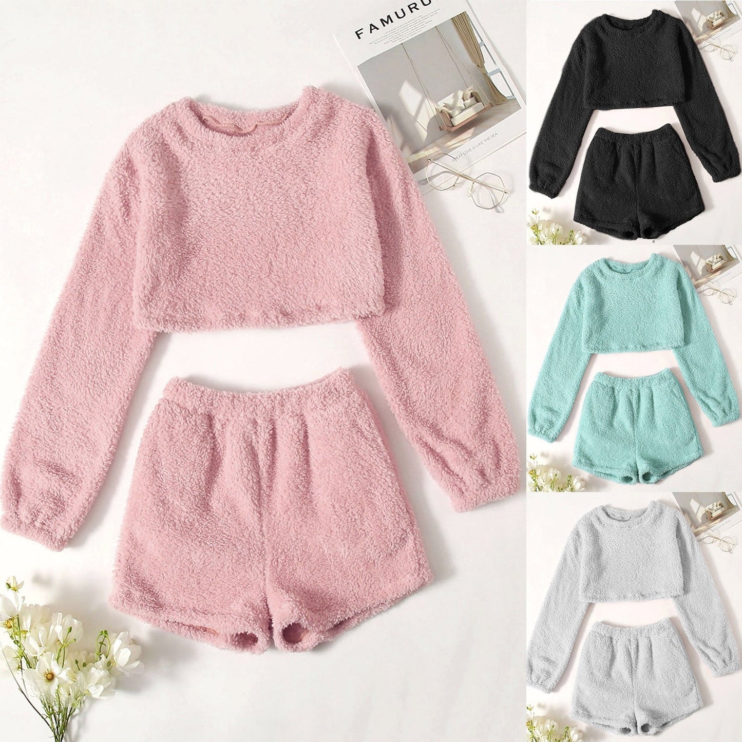 JuliaFashion - 2024  Solid Long Sleeve O-Neck Pullover Pajama Set