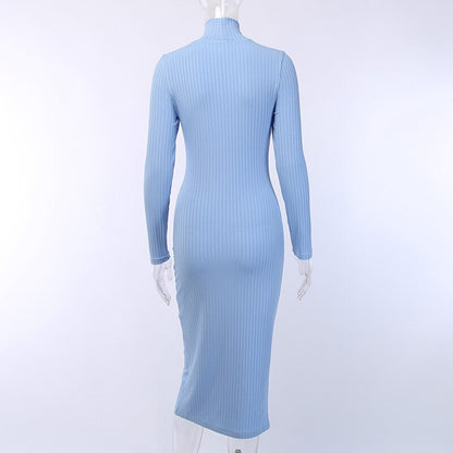 JuliaFashion - 2024 Sexy Side Slit Slim Knit Bodycon Mid-Calf Dresses