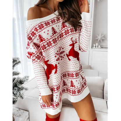 JuliaFashion-2024 Women Christmas Sweater Dress Autumn Winter Long Sleeve Off Shoulder Pullover