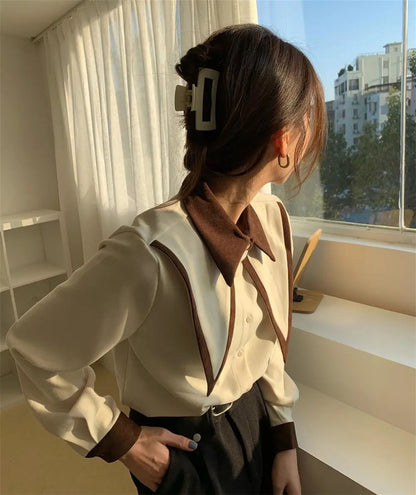 JuliaFashion - 2024 Sharp Ruffle Turn Down Collar Blouse Women Tops Korean Fashion Clothing