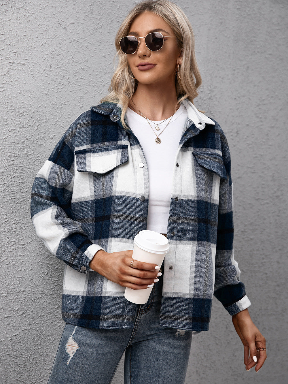 JuliaFashion - 2024 Woman Loose Casual Autumn Winter Turn-down Collar Plaid Jackets