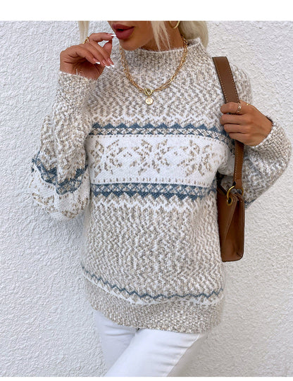 JuliaFashion-Christmas Turtleneck Snowflake Knit Loose Women Sweater Warm Pullover