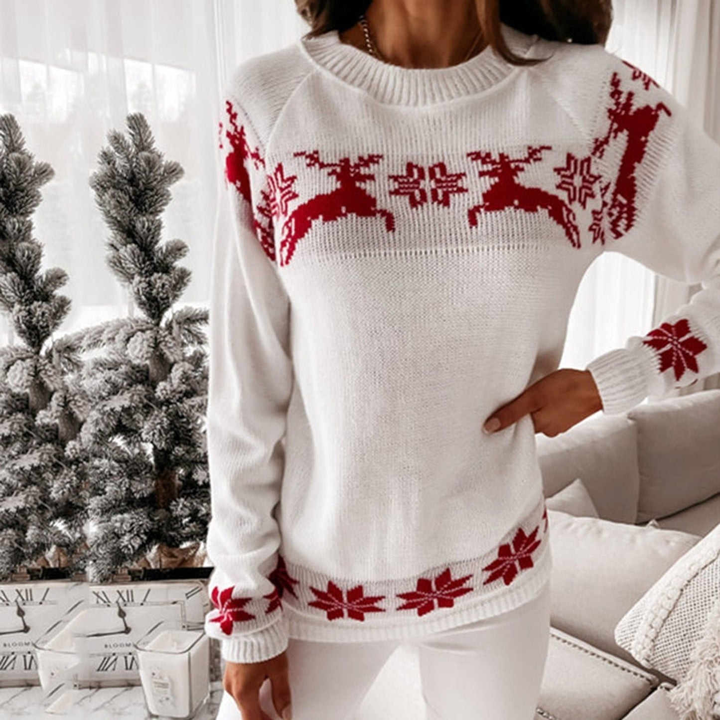 JuliaFashion - 2024 Women's Sweater Autumn Winter Tops O Neck Elk Snowflake Xmas Pullover