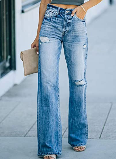 JuliaFashion-High Waist Slim Jeans Flared Street Wide Leg Wash Pants