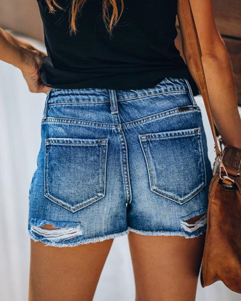 JuliaFashion - JuliaFashion-High Waist Women's Jeans Fashion Street Ripped Denim Shorts