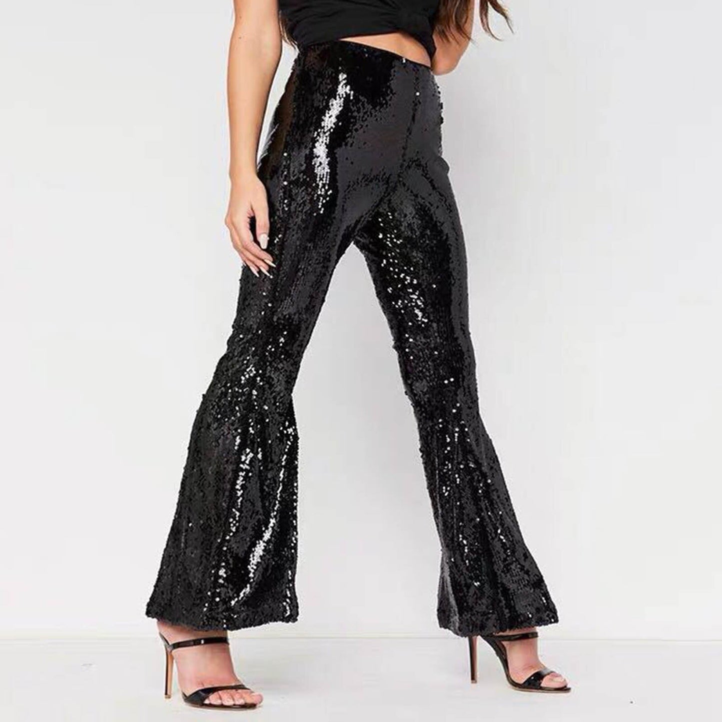 JuliaFashion - 2024 Sparkly Silver Sequin Flare Pants