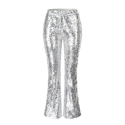 JuliaFashion - 2024 Sparkly Silver Sequin Flare Pants