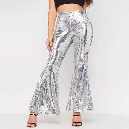 JuliaFashion - 2024 Sparkly Silver Sequin Flare Pants