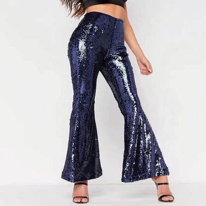 JuliaFashion - 2024 Sparkly Silver Sequin Flare Pants