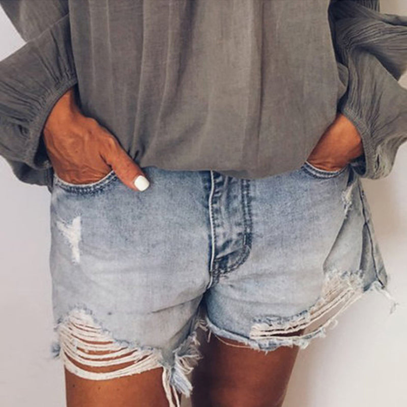 JuliaFashion - JuliaFashion-High Waist Denim Shorts Oversize Tassel Washed Retro Loose Jeans