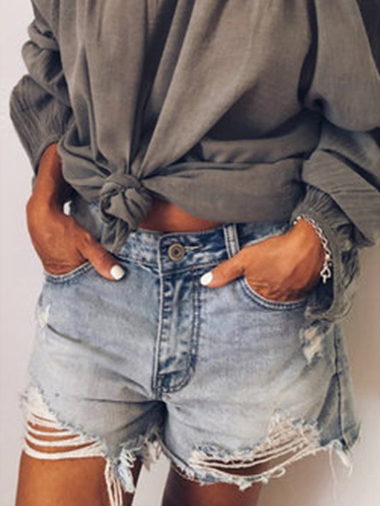 JuliaFashion - JuliaFashion-High Waist Denim Shorts Oversize Tassel Washed Retro Loose Jeans