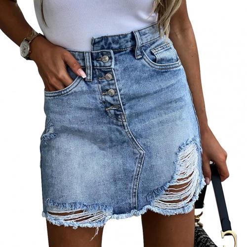 JuliaFashion - 2024 Women High Waist Denim Pocket Hole Button Retro Short Jeans Skirt