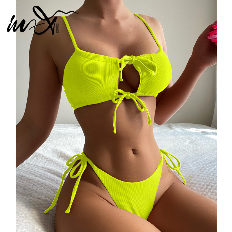 Solid bikinis  mujer Ribbed swimsuit