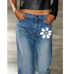 JuliaFashion - 2024 Women Straight Pants Print Loose Pants High Waist Denim Trousers